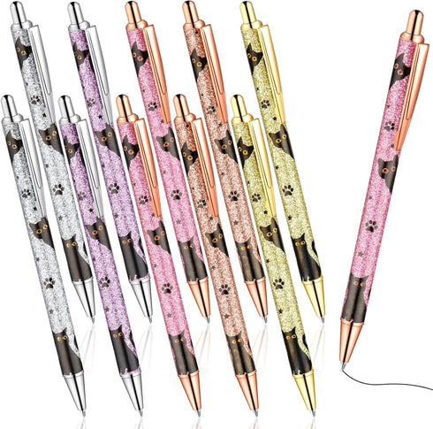 10 Pcs Cat Pens Sparkly Pretty Pens Cute Cat Kawaii Pens for Cat Lovers Fancy Gel Pens Metal Retractable Black Ink Ballpoints for Women Girls Teac...