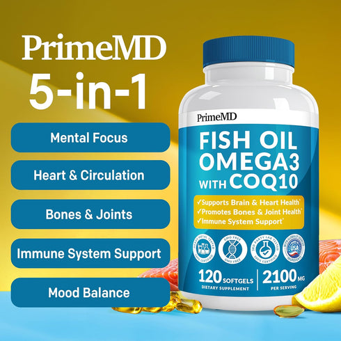 5-in-1 Fish Oil Omega 3 Supplements with Vitamins D3 & K2 and CoQ10 - DHA EPA Omega 3 Fish Oil Supplements - Lemon Flavored Omega 3 Fatty Acid Sup...