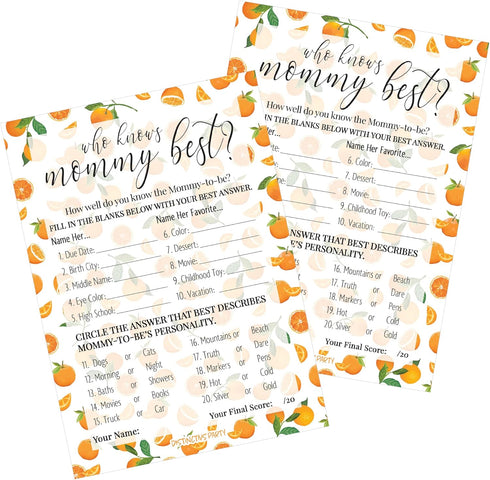 DISTINCTIVS Orange Little Cutie Baby Shower Game, Who Knows Mommy Best Game Cards - 20 Count, Little Cutie Gender Reveal Games...