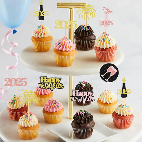 24 Pcs Glitter Rose Gold and Gold Happy New Year Cupcake Toppers 2025 Rose Gold,Gold and Black Cupcake topper Cheers to 2025 Cake Picks for New Ye...
