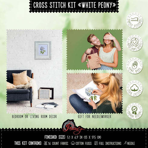 Counted Cross Stitch Kit 'White Peony' Flowers, 5.1" ? 6.9", Floral Embroidery Kit for Beginners with Pattern for Home Decor...