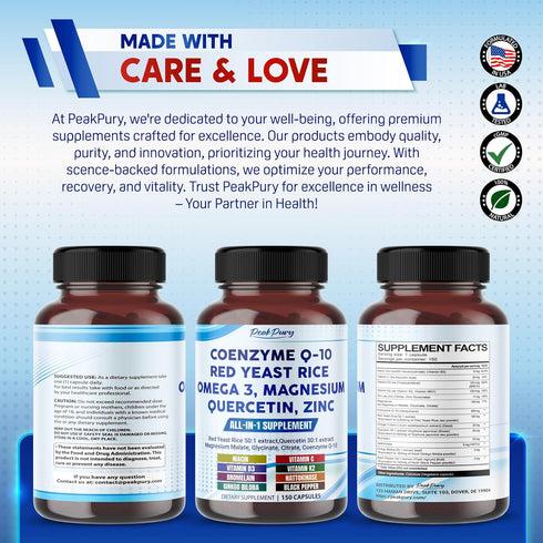 Coenzyme Q-10 200mg Red Yeast Rice 5000mg Quercetin 600mg Magnesium Malate, Glycinate, Citrate - Made in USA...