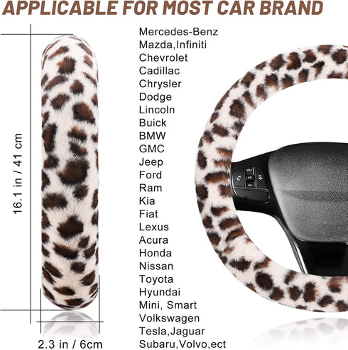 Fuzzy Steering Wheel Cover for Women Girls, Accmor Universal Fit 15 inch Fur Car Wheel Cover & Handbrake Cover & Gear Shift Cover Set, Fashion Leo...