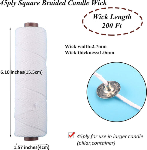 MILIVIXAY 45ply Square Braided Candle Wick Bundle:200 Foot Spool Cotton Wicks, 200 pcs Candle Wick Sustainer Tabs(Dia:0.75"(19.0mm)), 200pcs Wick ...