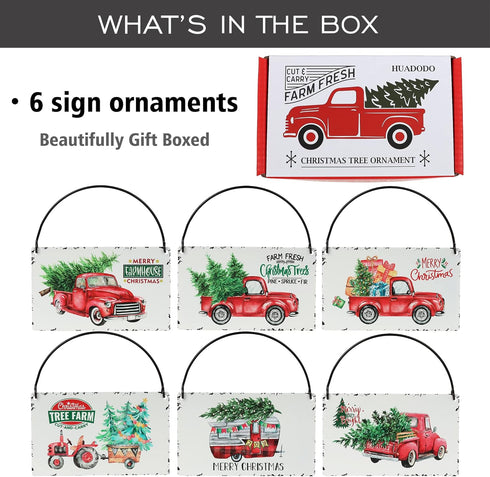 Rustic Red Truck Christmas Ornaments Set of 6,Farmhouse Enamel Hanging Signs for Christmas Tree Decorations Home Holiday Decor...