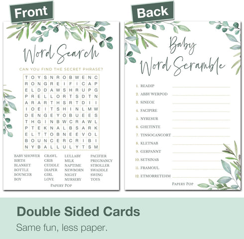 Baby Shower Games for Boy or Girl - Set of 4 Games for 30 Guests - Double Sided Cards - Floral Greenery Eucalyptus Flowers...