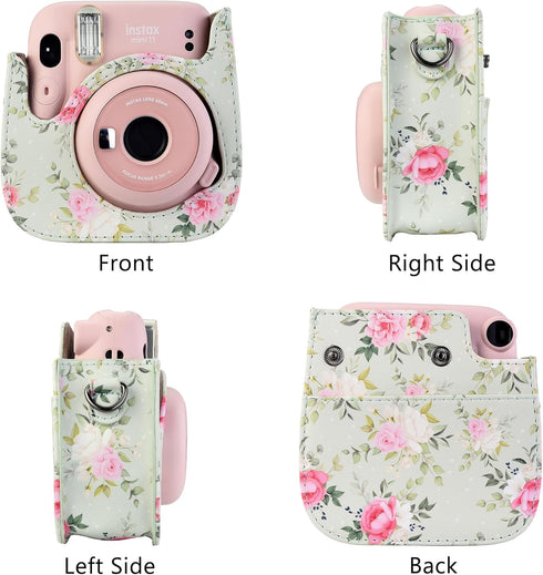 Yoption Instant Camera Case Compatible with Instax Mini 12/11/9/8/8+, PU Leather Camera Bag with Pocket and Adjustable Shoulder Strap (Green Flora...
