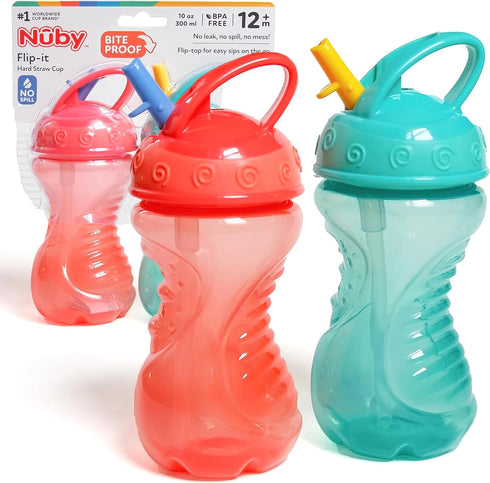 Nuby 2-Pack Flip-It Easy Grip Cups with Easy-Flo Straw, 10 Ounce, Colors May Vary...