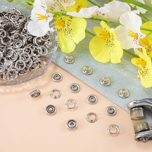 KIKOOD 60 Sets 9.5mm Snaps Buttons Fastener Metal Silver Open-Ring Cap Gripper Grip Stain Steel Prong No-Sew Button Studs for DIY Baby Jeans Cloth...