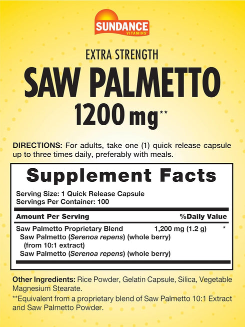 Saw Palmetto 1200mg for Men | 100 Quick Release Capsules | Gluten Free Supplement | by Sundance...