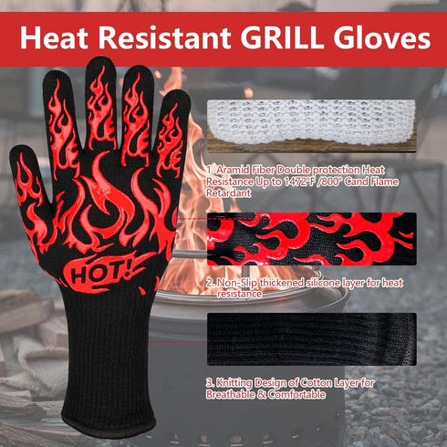 UBeesize Thickened BBQ Gloves (Flame), 1472°F Heat Resistant Grill Gloves, 14 inch Lengthen Fireproof Oven Gloves for Cooking, Non-Slip Fire Glove...