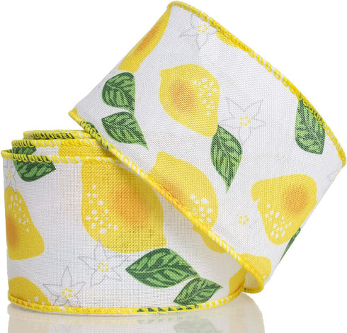 ATRBB Lemon Wired Ribbon, Fruit Pattern Ribbon for Wreaths, Wrapping and Crafting, 2.5 Inches x 10 Yards (White/Green/Yellow-Lemon)...