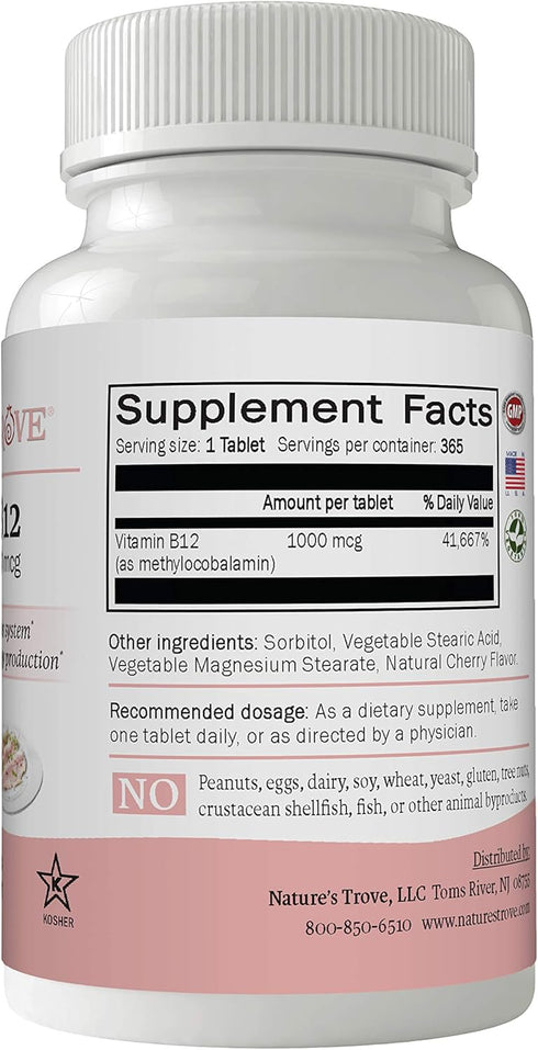 Nature's Trove Vitamin B12 Methylcobalamin 1000 mcg, 365 Count, B12 Chewable Vitamins, Cherry Flavor...