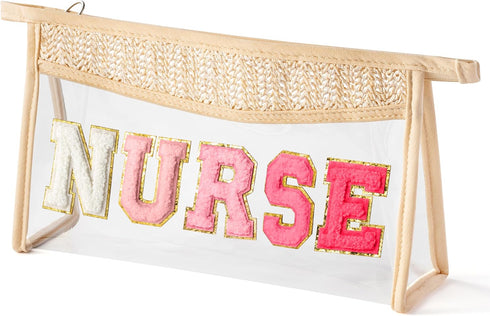 Boho Patch Cosmetic Bag - Summer NURSE Rose Red Chenille Varsity Letter Clear Toiletry Bag Aesthetic Waterproof Portable Woven Makeup Bag Zipper C...