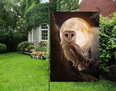 Fantasy Misty Forest Tree Owl Bird Full Moon Night Garden Yard Flag 12"x 18" Double Sided Polyester Welcome House Flag Banners for Patio Lawn Outd...
