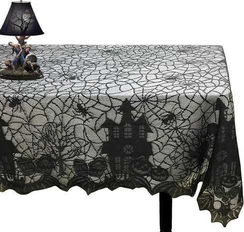 Halloween Tablecloth - Gothic Black Lace Spider Web Table Cover for Halloween Masquerade, Dinner Party, Scary Movie Nights Table Decorations - 53x...