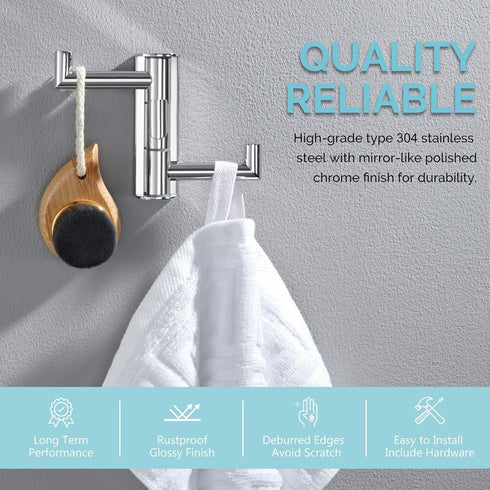 Angle Simple Swivel Towel Hook Polished Chrome, 304 Stainless Steel 3-Arm Robe Hook Bath Towel Hanger, Folding Coat Hook Wall Mounted, 3-Hook Towe...