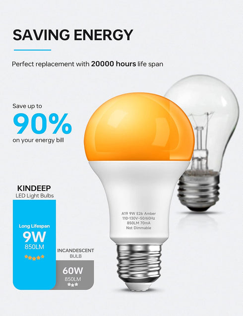 KINDEEP Amber Light Bulbs, 9W Amber Yellow LED Light Bulb, 2000K Soft Warm Sleep Light Bulbs, Bug Light Bulbs, 60W Equivalent, E26, for Bedroom, N...