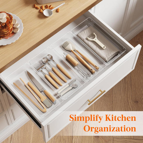 Lifewit Silverware Drawer Organizer, 5.75" x 11.65" Clear Utensil Tray for Kitchen Drawer, Stackable Plastic Flatware and Cutlery Storage Box Divi...