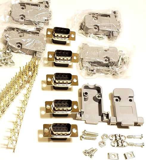 5 Sets Crimp Type DB9 Male + Plastic Hoods + Pins Set, D-Sub 9P Male Crimp Connector, Pin & Hood Kit (5 DB9 Male + 5 Hoods + 50 Pins)...