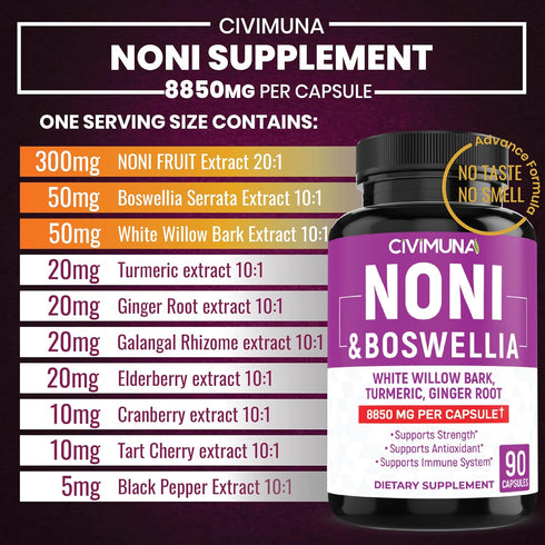 Noni Capsules 8850mg - Noni, Boswellia, White Willow Bark - 3 Months Supply...
