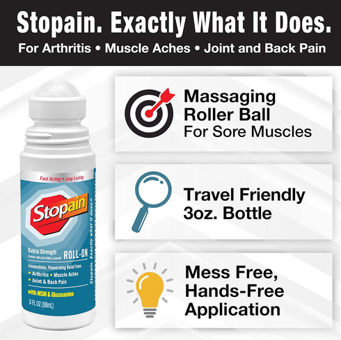 Stopain Pain Relief Roll On Gel 3oz (2 Pack) USA Made, Max Strength Fast Acting with MSM, Glucosamine, Menthol for Arthritis, Lower Back, Knee, Ne...
