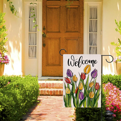 Welcome Spring Floral Flowers Garden Flag Double Sided, Tulip Decorative Yard Outdoor Home Small Decor, Summer Farmhouse Burlap Outside House Deco...