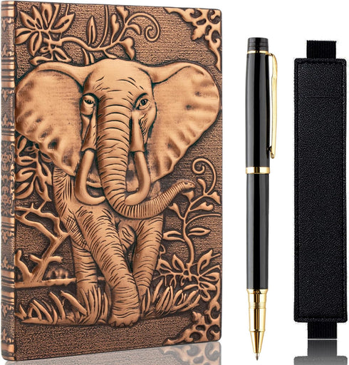 Vintage Elephant Embossed Leather Notebook with Ballpoint Pen/Pen Sleeve,A5 Hardcover Notebook,for Business Notepad/Travel Journal/Family Daily No...