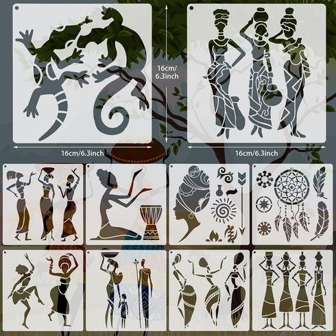 16 Pieces African Tribal Stencils Congo Mask Stencil Tribal Faces Stencil African Stencil Template Tribal Wall Painting Stencil and Metal Open Rin...