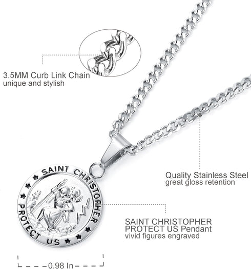 ORAZIO SAINT CHRISTOPHER Necklace 3.5mm Stainless Steel Penant Necklace Curb Link Chain 22-24 Inches...