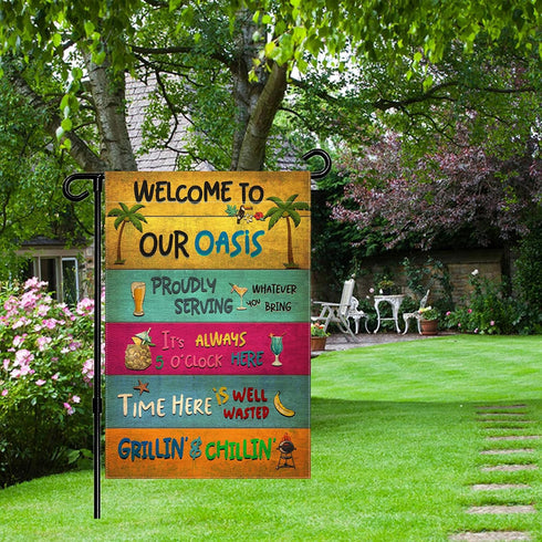 Welcome To Our Oasis Garden Flag, 12.5x18" Party Decorations, Summer Decor, Outdoor Beach Bar Pub Porch Patio Deck Backyard Poolside Decor Outside...