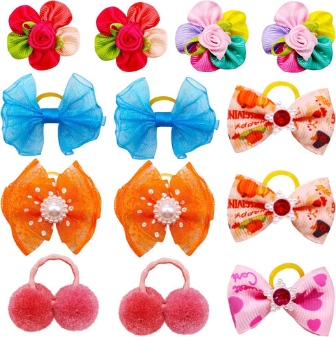 100pcs Dog Hair Bows, Bulk Cute Puppy Pet Small Dog Hair Bows with Rubber Bands, Mix Handmade Flower Puff Ball Rhinestone Pearls Dog Bows, Yorkie ...