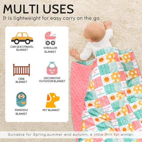 Baby Blanket for Girls, Super Soft Double Layer Minky Blankets with Dotted Backing, Sun Smile Toddler Newborn Nursery Bed Blanket, You are My Suns...