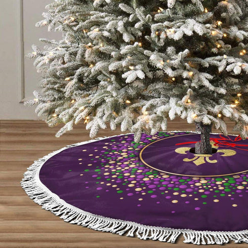 FREEHOTU Mardi Gras Purple Gold Fleur De Lis Christmas Tree Skirt Gorgeous Edge Tassel Lace for 48" Xmas Ornaments Decoration...