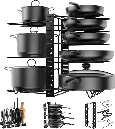 Pot Rack Organizer, 3 DIY Methods, Height and Position are Adjustable - 8 Pots Holder, Metal Kitchen Cabinet Pantry Pot Pan Lid Holder (BLACK)...