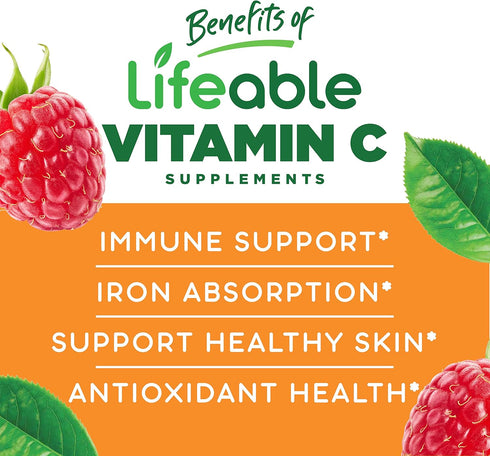 Lifeable Vitamin C - Great Tasting Natural Flavor Gummy Supplement - Vegetarian GMO-Free Chewable Vitamins - for Immune Support - 90 Gummies (1050...