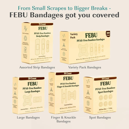FEBU Eco-Friendly Bamboo Fabric Bandages | PFAS Free Flexible Fabric Bandages | Natural Hypoallergenic Bandage for Scrapes, Cuts & First Aid | Ful...