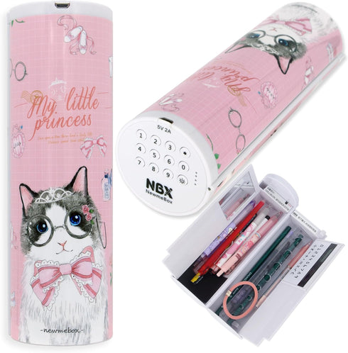Lockable Pencil Case with Calculator, Standing Cylinder Shape, Multifunctional Password Lock Pen Box, Locking Desk Organizer, Cute Patterns for Gi...