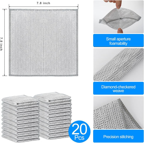 20 Pcs Multipurpose Wire Dishwashing Rags, Non-Scratch Cleaning Cloths, Suitable for Kitchen, Tableware, and Metal...