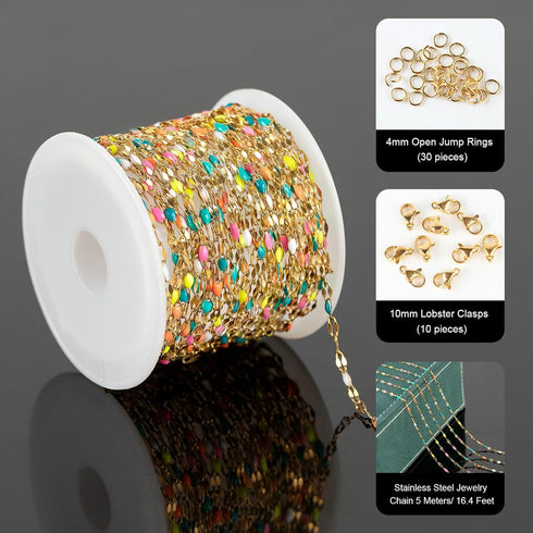 UMAOKANG 16.4ft/5m Gold Plated Stainless Steel Chains Bulk Mixed Color Enamel Bead Chain Spool for Jewelry Making with Jump Rings and Lobster Clas...