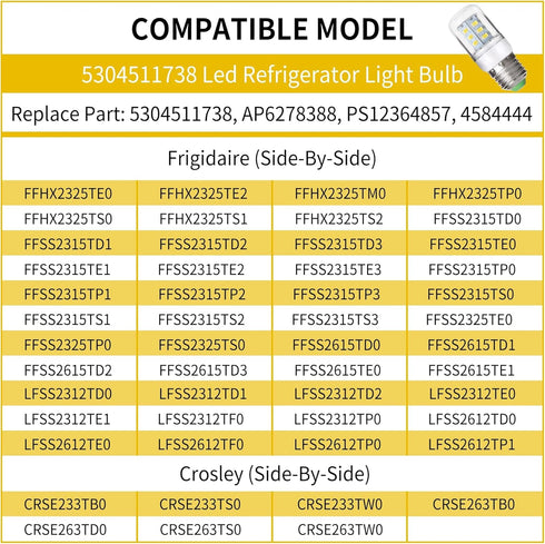 Belleone 5304511738 LED Refrigerator Light Bulb Compatible with Frigidaire Crosley Ken More Refrigerator, 3.5W KEI D34L Bulb Replace PS12364857 AP...