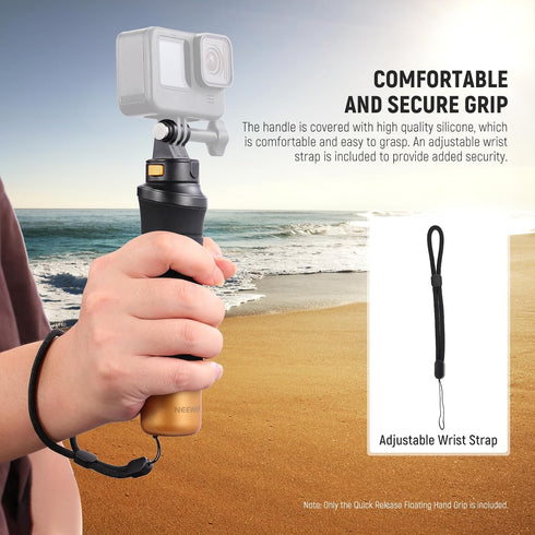 NEEWER Quick Release Floating Hand Grip for Action Camera, Underwater Handle Stick Mount with Detachable Camera Mount Adapter Wrist Strap, Compati...