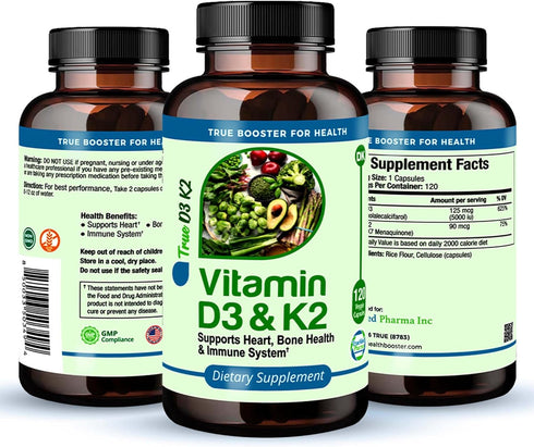 True Booster for Health Vitamin D3 & K2 Capsules - 125mcg D3 (5000 IU) & 90mcg K2 - Heart, Bone, and Immune Support - 120 Vegetarian Capsules - Ea...