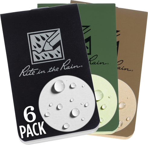Rite in the Rain Weatherproof On The Go Wallet Notebook, 2" x 3.375", 2 Each Tan, Green, Black Cover, Blank Pages, 6 Pack (No. OTG-TACL)...