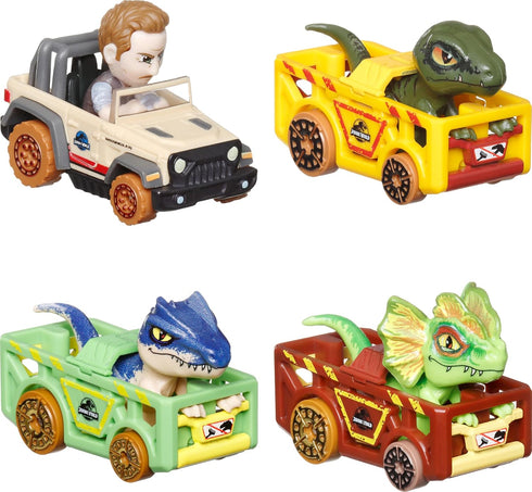 Hot Wheels Toy Cars, RacerVerse 4-Pack of Die-Cast Vehicles Featuring Jurassic World Characters Charlie, Owen, Dilophosaurus & Allosaurus as Drive...