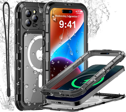iPhone 15 Pro Max Waterproof Case Compatible with MagSafe, Metal Heavy Duty IP68 Underwater Built-in Screen Protector, Military Grade Shockproof R...