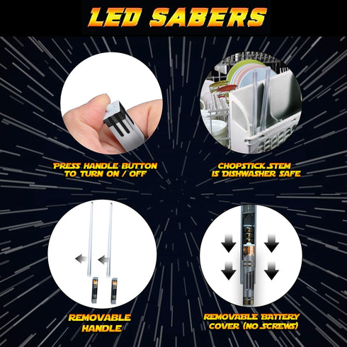 LIGHTSABER CHOPSTICKS LIGHT UP STAR WARS LED Glowing Light Saber Chop Sticks REUSABLE Sushi Lightup Sabers Removable Handle Dishwasher Safe 8 Colo...