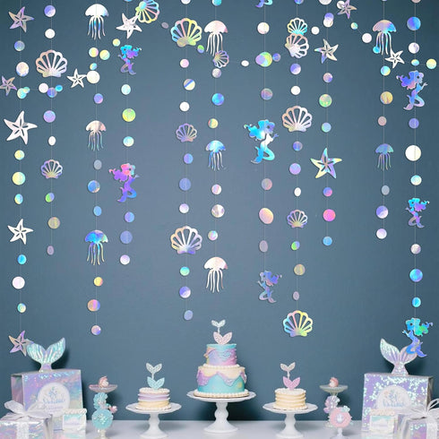 40 Ft Iridescent Mermaid Garland with Jellyfish Seashell Starfish Pearl Holographic Paper Streamer for Little Mermaid Rainbow Theme Birthday Bache...