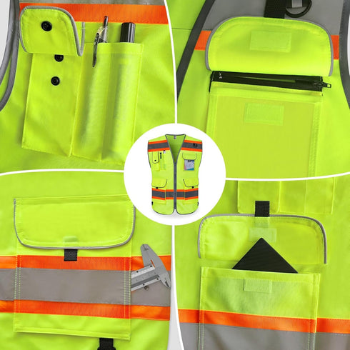 TCCFCCT Reflective Safety Vest for Men Women 9 Pockets High Visibility Vest with Fluorescent Orange Extend Edge, Hi Vis Security Work Vest for Sur...