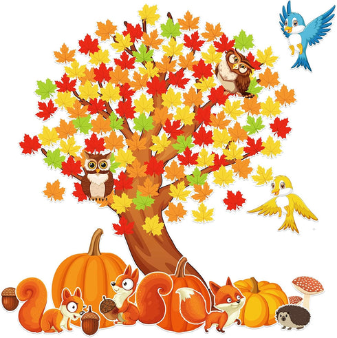 155 Pieces Classroom Tree Bulletin Board Set Spring Fall Summer Tree Bulletin Board Decoration Bulletin Board Tree Cutout Maple Leaves Cutouts for...